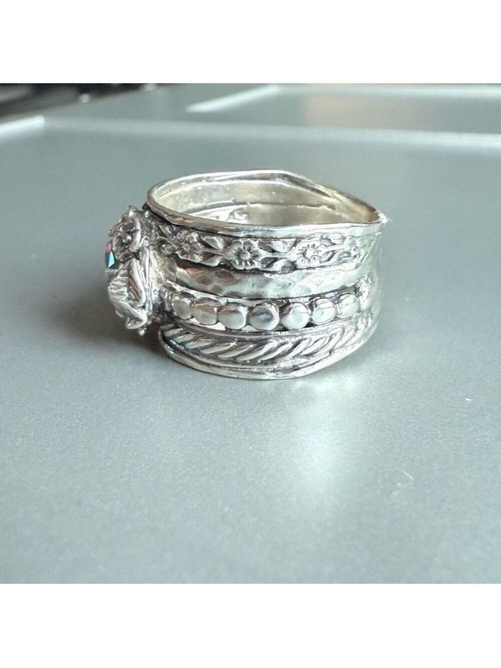 Aquamarine Floral Multiple Textured Detail Ornate Sterling Silver Wide B… - Picture 7 of 9